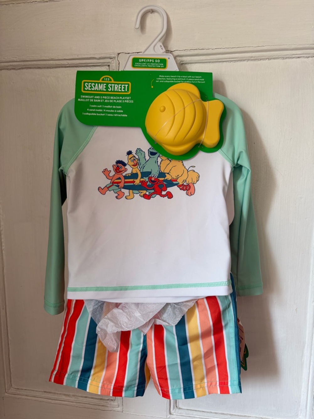 Sesame Street Kids Mint & White Rash Guard Set with Striped Shorts